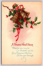 Antique Happy New Year Bells Holly Berries Holiday Postcard picture
