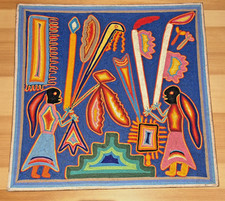 Vintage Huichol Yarn Painting Nierika 24x24 Wixarika Mexican Folk Art Inscribed picture