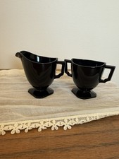 Vintage Art-Deco Ebony black onyx depression glass creamer and sugar set picture