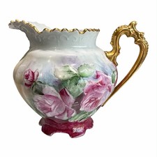 Vintage Hand Painted Porcelain Pitcher Pink Roses Gold Trim Ornate Handle 8” picture