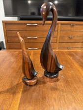 MCM Carved Wooden Swans 11.5” Mid Century Danish Style Hardwood, Rosewood picture