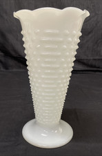 Vintage 9.25” White Milk Glass Hobnail Dot Dash Vase picture