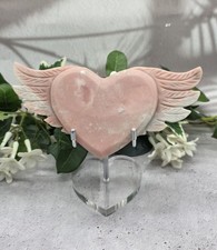 Pink Opal Winged Heart Angel Wings Hand Carved Crystal w Display Stand 7