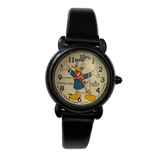 Vintage Lorus Quartz Donald Duck Watch Disney Black Leather Strap Y481-8770 NY picture