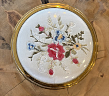 Vtg Floral Embroidered Gold trinket Box Petit Point Cottagecore Coquette picture