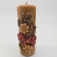 Vintage German Floral Pillar Candle 1970s Hand Carved 6.25