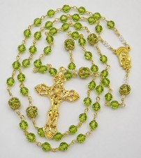 Handmade Unbreakable Catholic Rosary, Peridot Czech Crystals, Gold Tone Crucifix picture