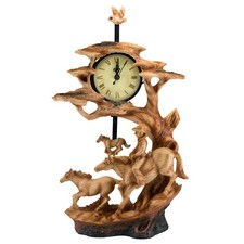 Horses & Cowboy Clock Faux Carved Wood Look Figurine 13.75