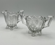 Vintage Etched Glass Creamer And Open Sugar Bowl Set Etched Floral Design picture