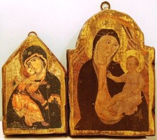 Antique Set 2 WOODEN RUSSIAN ICONS MADONNA/CHILD Gilt Wall Plaques 19th Century picture