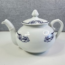 PILLIVUYT White Porcelain Teapot + Lid Curved Handle Floral Blue France R852 picture