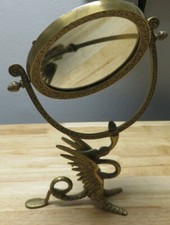 Antique Bronze TONE ORNATE ASIAN CHINESE DRAGON FISH 1 SIDE VANITY MIRROR 15” picture