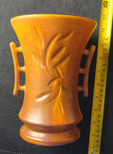 Vintage Orange/Brown Pottery Vase Double-Handled Plant Carving (McCoy?) - AS-IS picture