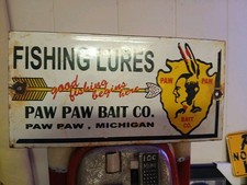 VINTAGE PAW PAW BAIT PORCELAIN SIGN RARE OLD MICHIGAN FISHING ROD TACKLE FISH CO picture