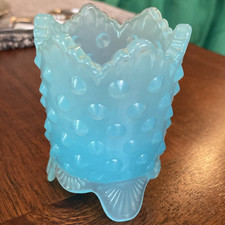 Rare? Fenton glass Hobnail Glossy blue / Dish 3-Footed Footed toothpick holder picture