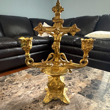 Brass Crucifix Cross Candle Holder Candlestick Holder Christianity picture