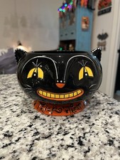 Johanna Parker Signed Black Cat Halloween Ceramic Bowl Candy Dish picture