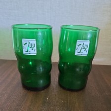 2 Vintage Wavy Green 7UP Soda Fountain Drinking Glasses 4 Inch picture