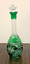RARE Vintage Green Cut to Clear Crystal Glass Decanter w/Stopper/Bohemian Art picture