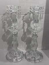 2 VTG Glass Lustre Candle Stick Holders Crystal Prisms Hollywood Regency Pair picture