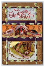 Turkey and Landscape Thanksgiving Wishes Gilt Embossed DB Postcard XB12 picture