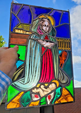 Antique 20thc stained glass window panel madonna child jesus picture