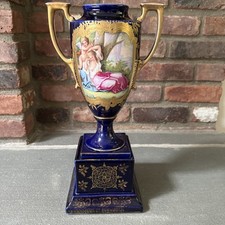 Antique Victoria Carlsbad Cobalt Blue Porcelain Double Handled Pedestal Vase 15” picture