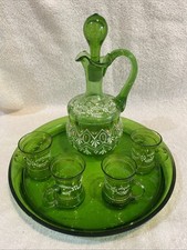 Antique Bohemian Enameled White Floral & Gold Green Glass Cruet C1880-1890s Set picture