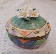 Vtg. Gift Ceramic Trinket Box w/ Blue Butterflies & 3-D Flora Lid. Small 3