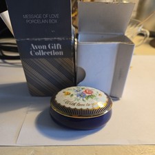 Avon Message of Love Porcelain Box Mother's Da 1986 Blue Floral Trinket Box picture