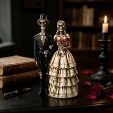 Halloween Skeleton Couple Statue Gothic Bride Groom Figurine Resin Skull Lovers  picture