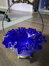 English Victorian Wedding Basket Cobalt Swirl Glass Silver Candy Dish Ruffle Vtg picture