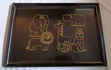 VTG MCM Couroc Of Monterey Cats Elephant Giraffe Hippo Hand Inlaid Serving Tray picture