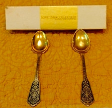 Vintage Soviet Russian 875 Silver Niello Vermeil Teaspoons Spoons Pair 2pc Star picture