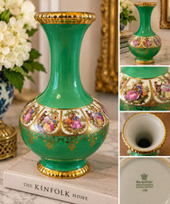 Bareuther Waldsassen Porcelain Vase Green Gold Trim Pictorial Couples picture