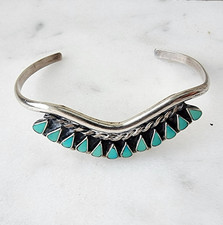 ZUNI VINTAGE 925 STERLING SILVER TEARDROP SHAPE TURQUOISE CUFF BRACELET small picture