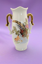 Asian Porcelain Vase 24 K Gold Handpainted  Birds Pheasant 2 Handles video picture