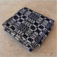 1800s 19thC Vintage 84 X 63 Indigo White Overshot Coverlet Farm Blanket Antique picture