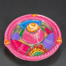 Vintage Cancun Sombrero Ashtray Hand Painted Mexican Pottery Pink Folk Art 4inch picture