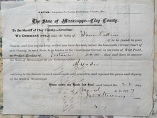 1877 Mississippi Murder Arrest Warrant | Clay County Capias | Original Document picture