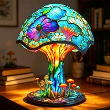 Vintage Table Lamp Stained Glass Resin Mushroom Plant Flower Bedroom Decoration picture
