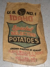 VTG Idaho Special Selected Wilcox Potatoes Burlap Bag 100 lb Rare Gunny Sack old picture