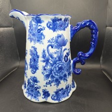 VTG Blue & White Floral Ceramic Pitcher Ornate Handle Victorian Scalloped Edge picture