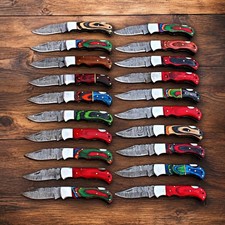 20 PCS Handmade Damascus Steel Pocket Folding Knives w/ Leather Sheaths Bulk Lot picture