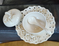 Porcelain Ivory Sugar Bowl Ornate Raised Flowers W/ Lid Pierced Underplate White picture
