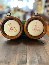 Set of 2 Round Floral Ceramic Plaques in Wood Frames, Hanging Wall Decor picture