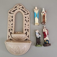 Vintage Holy Water Font Four Mini Figures Lot of 5 Religious Beige Plastic 6.75
