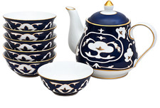 Uzbek Porcelain Tea Set | Cobalt Blue & Gold Pakhta Pattern | 7-Piece Set picture