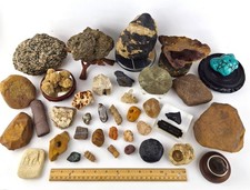 Vintage Rock, Mineral & Fossil, Grinding Stone Collection with Display Stands picture