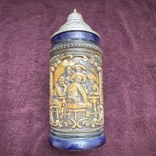 GERZ West Germany Lidded Beer Stein Blue Brown Raised Relief Tavern Pewter Lid picture